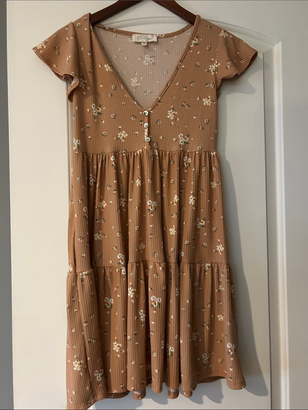 Jessica Simpson Brown Floral Tiered V-Neck Dress